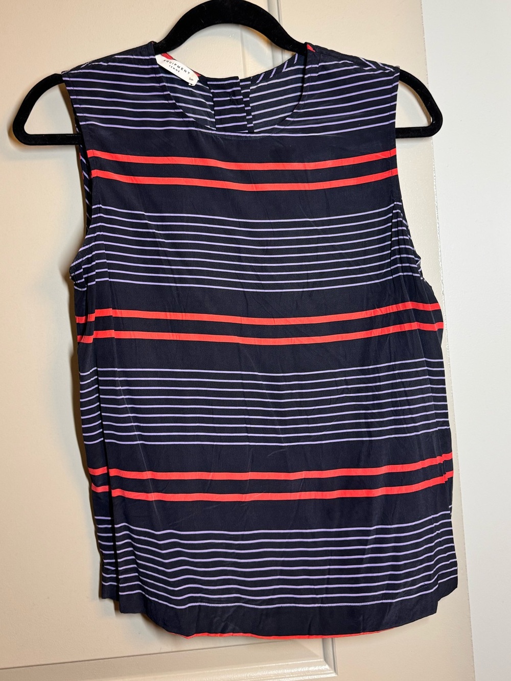 Equipment Navy Striped Sleeveless Silk Shell with Red Accents